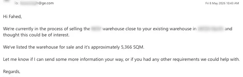 Personalised outreach email drafted by Scayled and sent from the broker's inbox