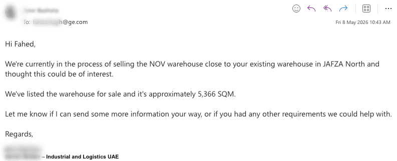 Personalised outreach email drafted by Scayled and sent from the broker's inbox