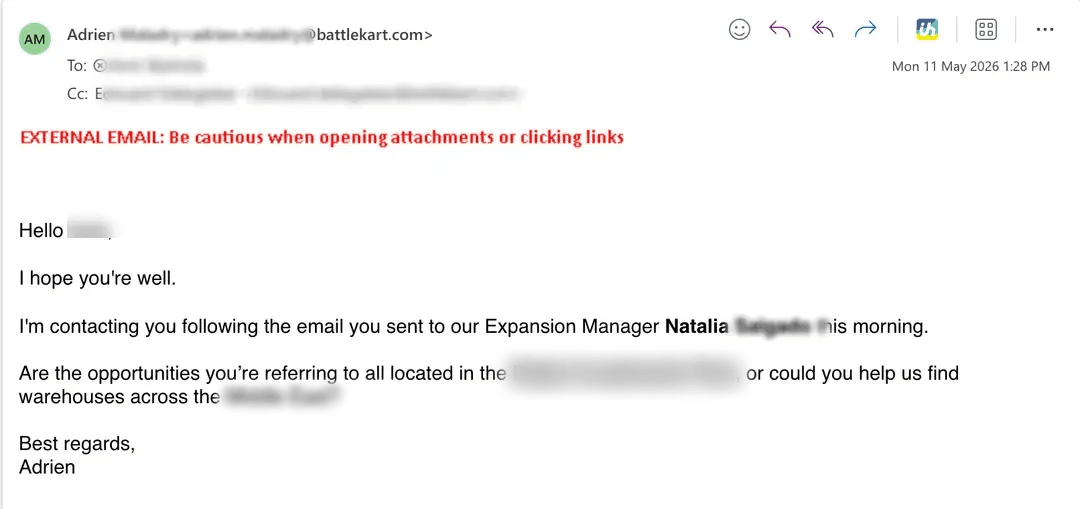 Reply from the actual decision-maker after the original recipient forwarded internally