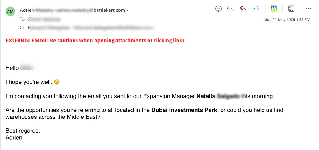 Reply from the actual decision-maker after the original recipient forwarded internally