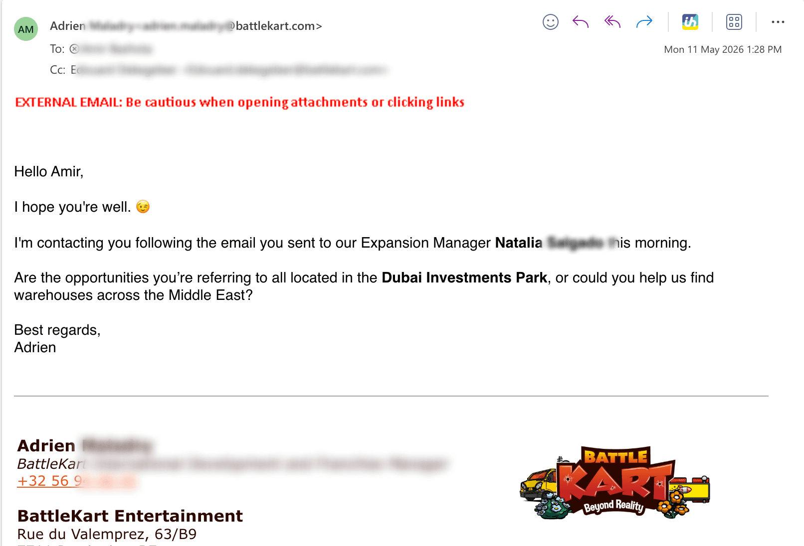 Reply from the actual decision-maker after the original recipient forwarded internally