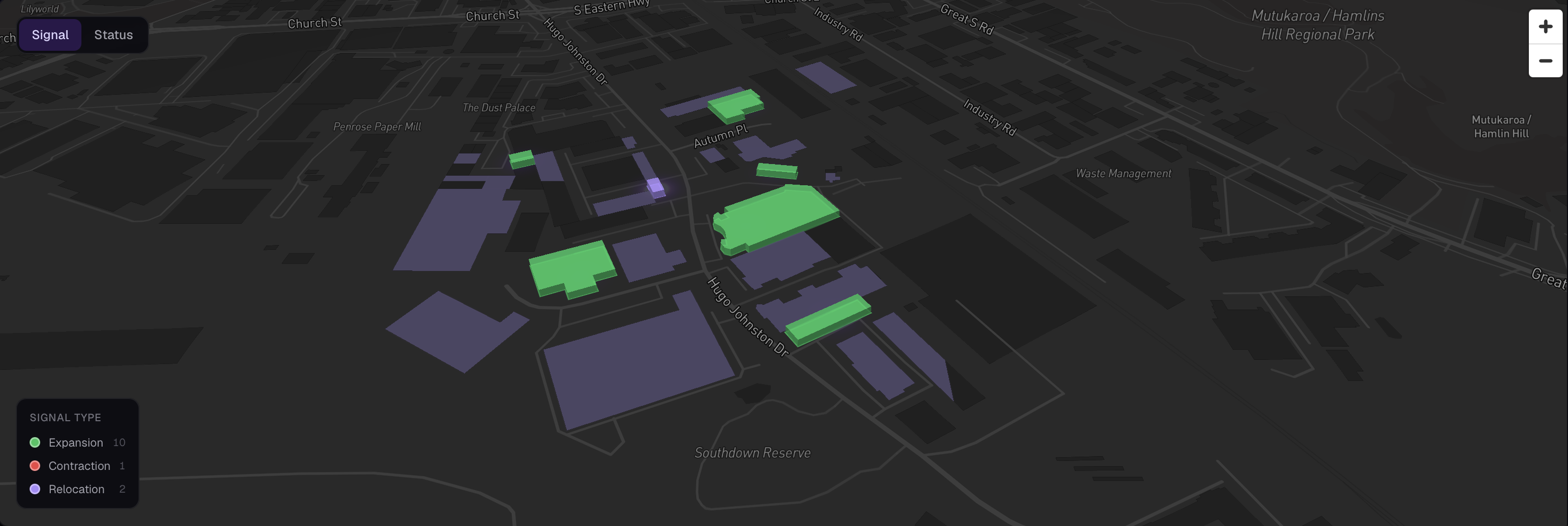Territory intelligence map with 3D buildings showing expansion, contraction, and relocation signals