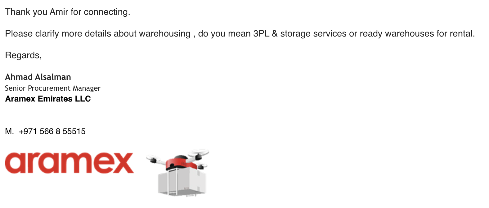 Reply from Senior Procurement Manager at Aramex Emirates LLC